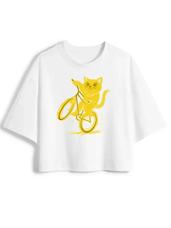 Orionride Cat Riding A Bike Women's Oversize Cycling Crop Tops sold by Orionride