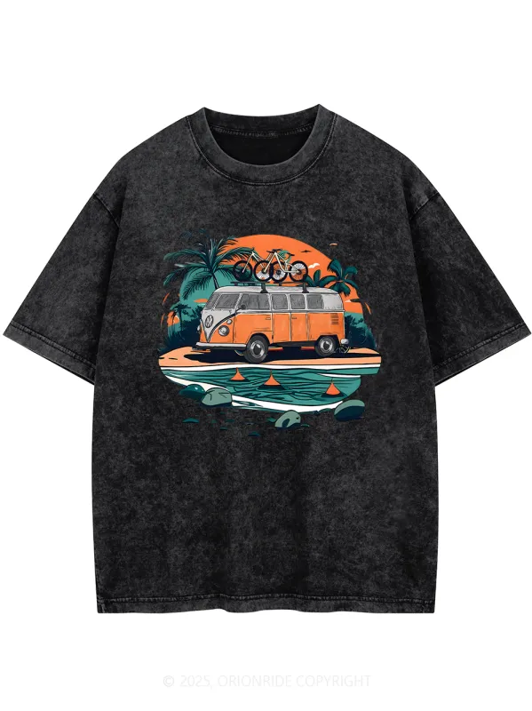 Orionride Beach Retro Car Short Sleeves Bike Washed T-Shirt sold by Orionride