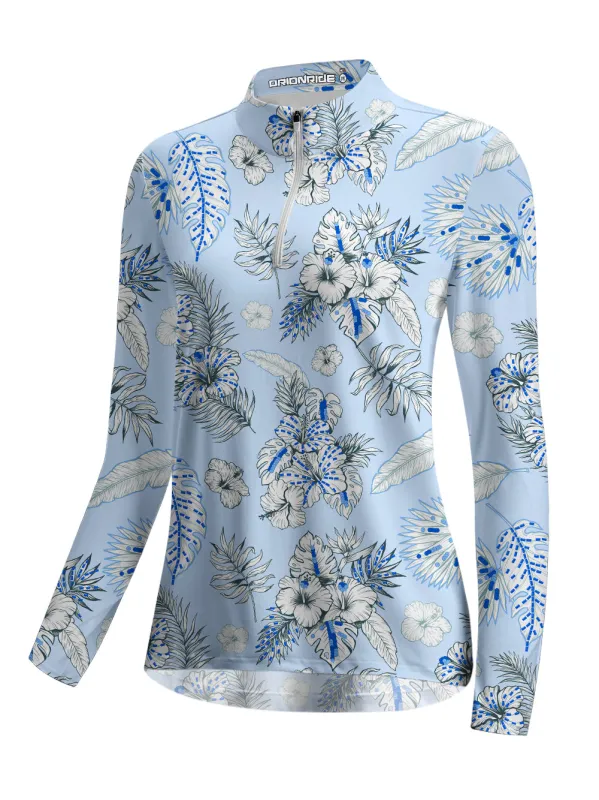 Orionride Blue Hibiscus Women's Quarter Zipper Long Sleeve Jersey sold by Orionride