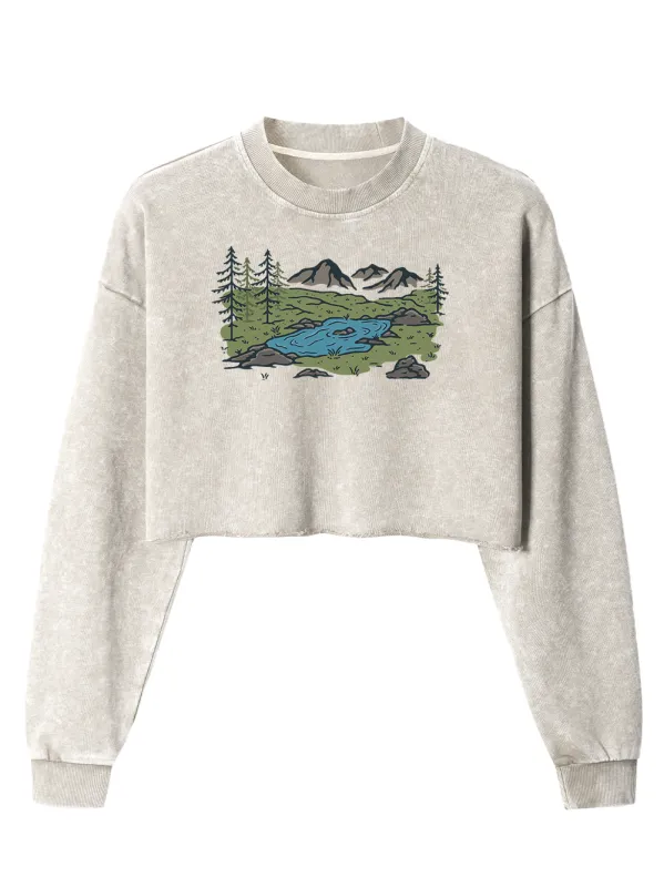 Orionride Mountain Scenery Women's Washed Crop Sweatshirt sold by Orionride
