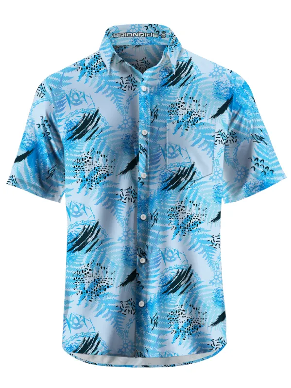 Orionride Blue Palm Leaves Zipper Pockets Ultra Lightweight Short Sleeves Gravel Shirt sold by Orionride