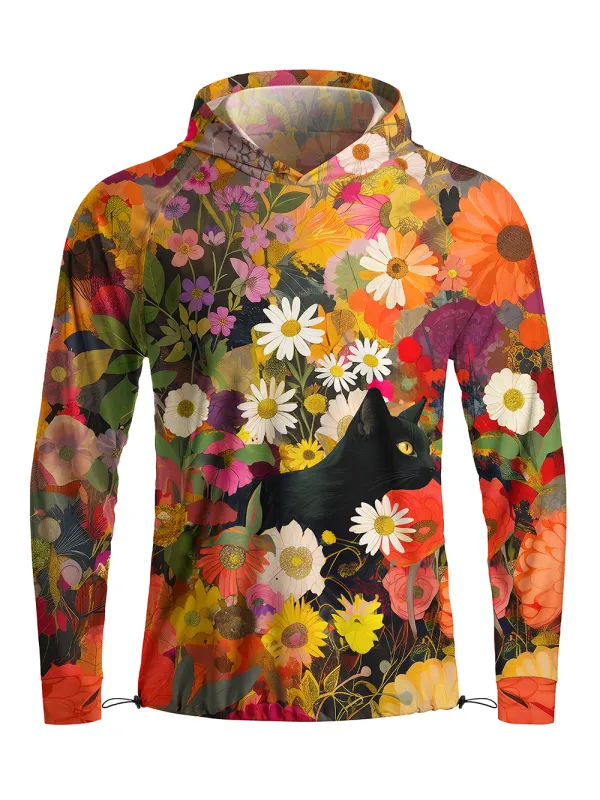 Orionride Cat In The Flower Bushes Long Sleeve Cycling Hoodie Shirt made by Orionride
