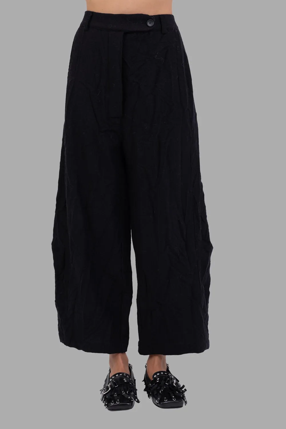 Crinkled Wide-Leg Trousers in Black sold by Plus Zero Concept Store