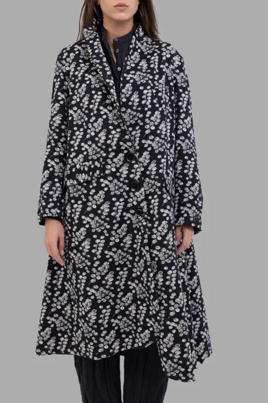 Asymmetric Button Long Coat in Printed Black sold by Plus Zero Concept Store