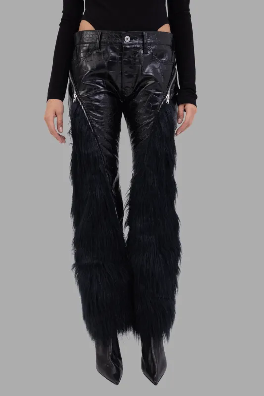 Faux-Leather Trousers with Faux-Fur Panels in Black | Junya Watanabe x Levi’s sold by Plus Zero Concept Store