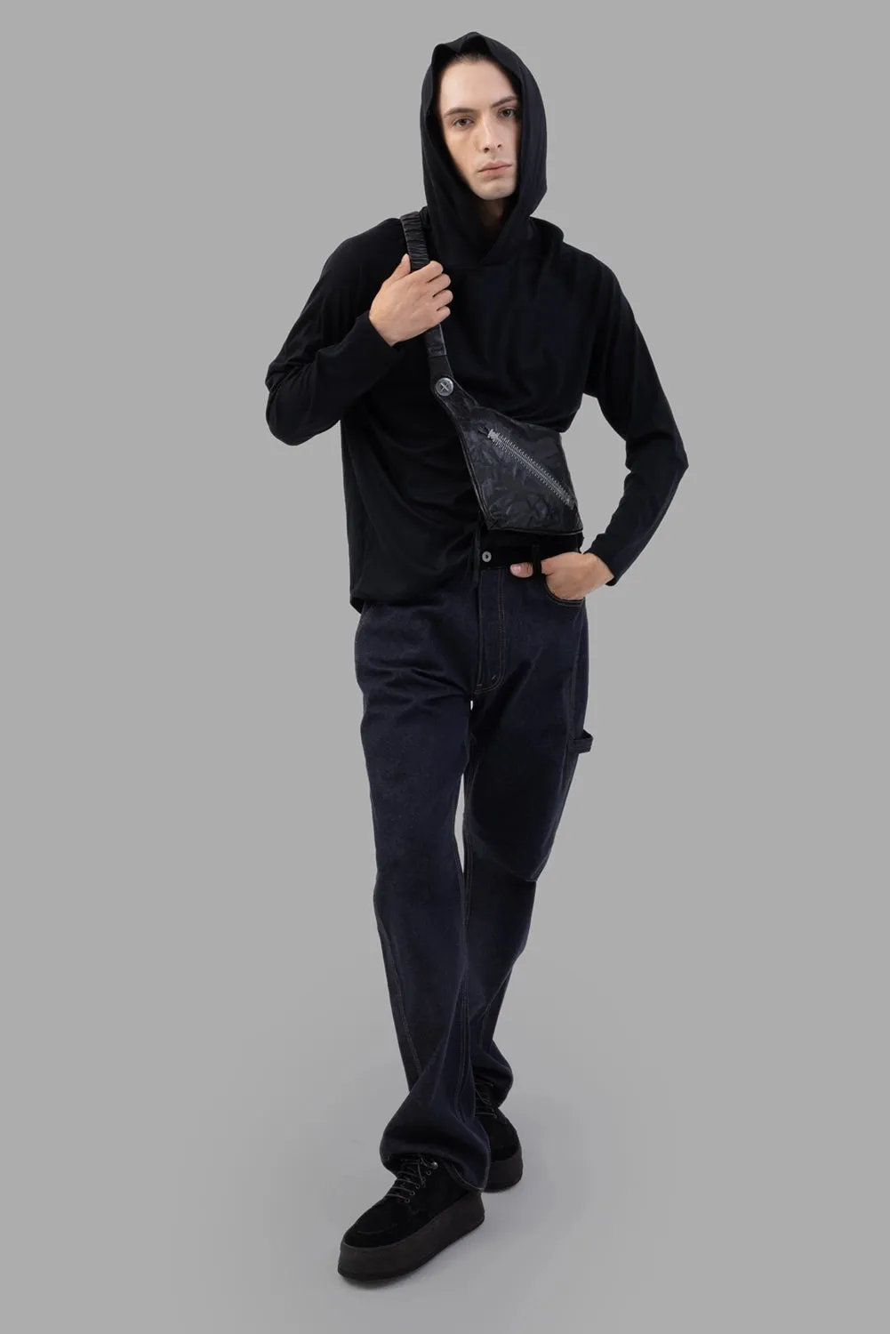 Leather-Patch Denim Trousers in Indigo sold by Plus Zero Concept Store product image thumbnail 4