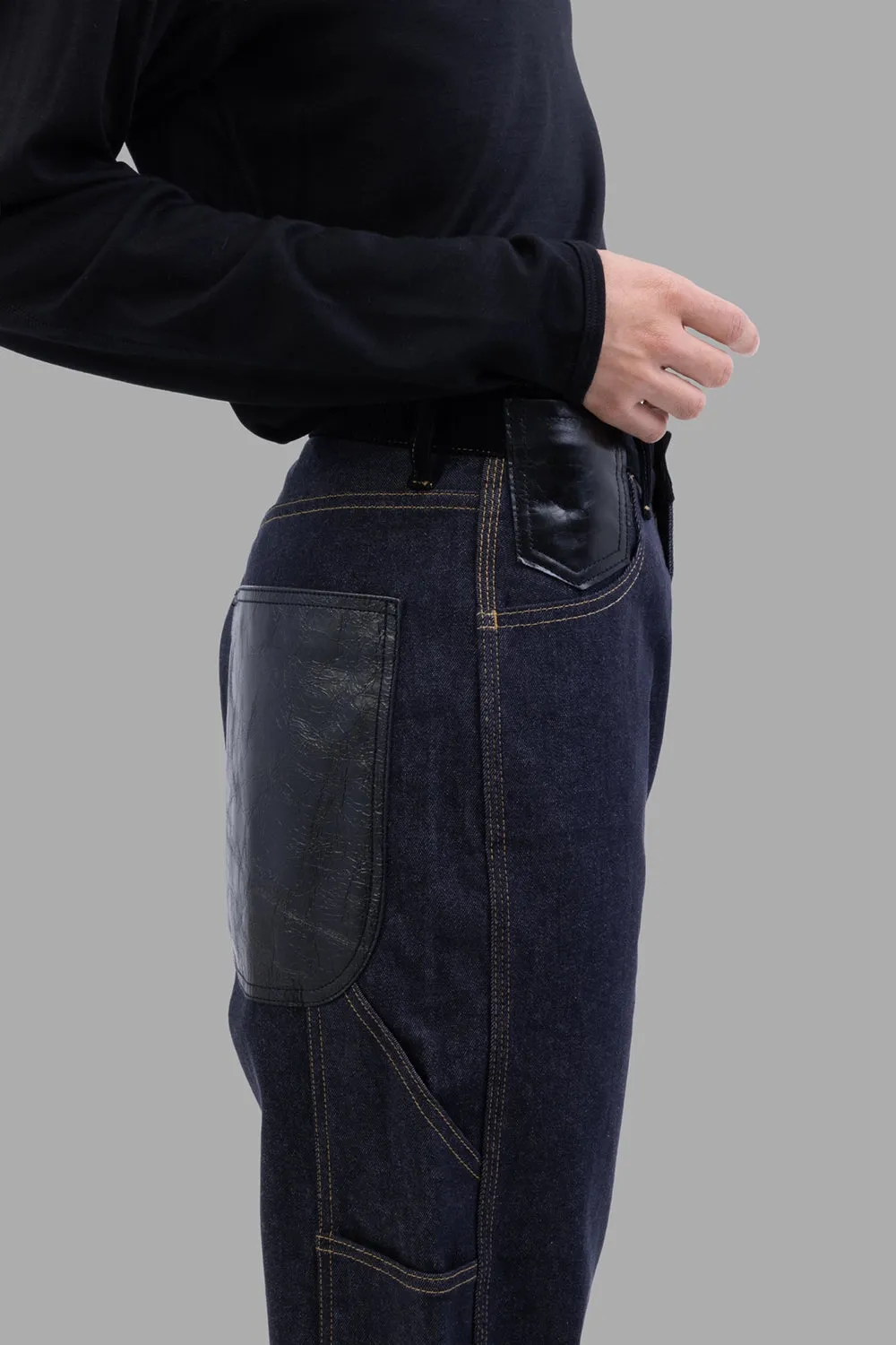 Leather-Patch Denim Trousers in Indigo sold by Plus Zero Concept Store product image thumbnail 3