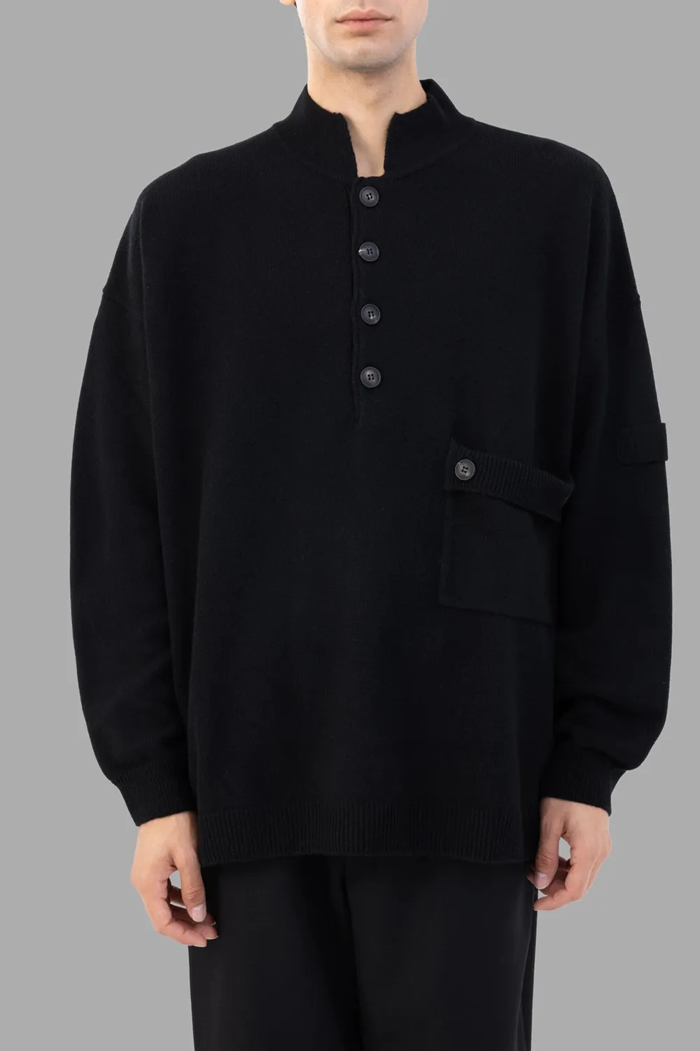 Black Button-Placket Knit Pullover sold by Plus Zero Concept Store