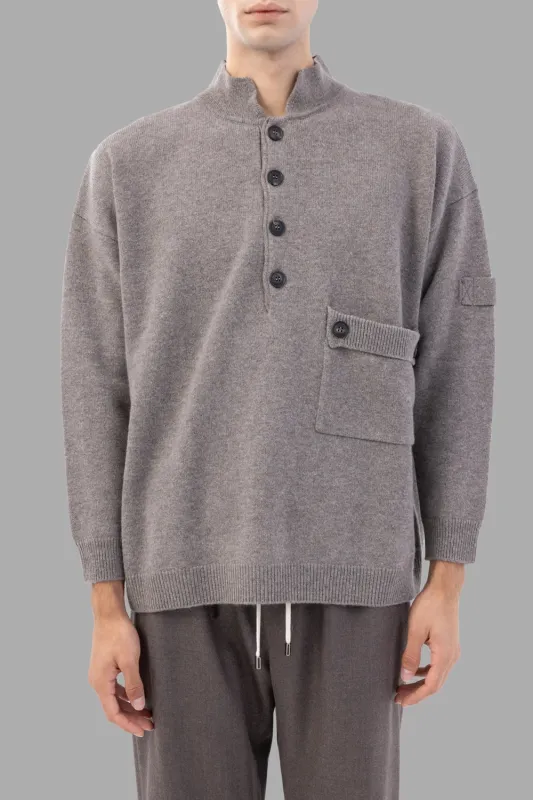Button-Placket Wool Sweater with Patch Pocket in Tortora sold by Plus Zero Concept Store