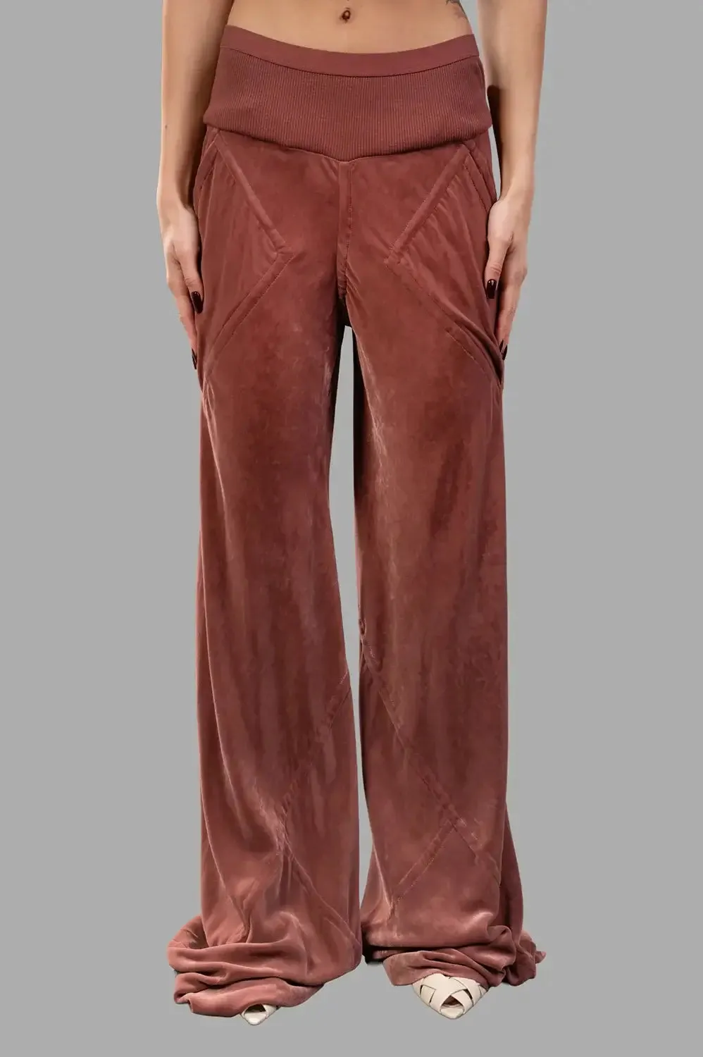 Bias velvet pants in rosewood sold by Plus Zero Concept Store
