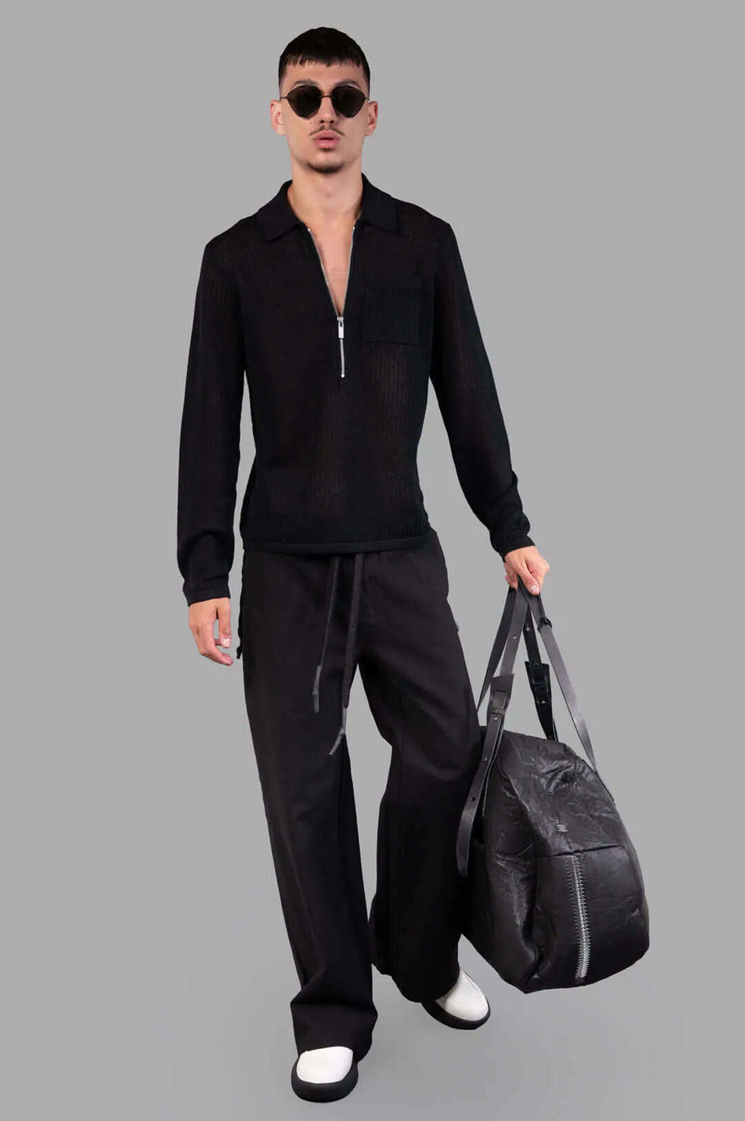 Long-sleeve Zip Polo in Black sold by Plus Zero Concept Store