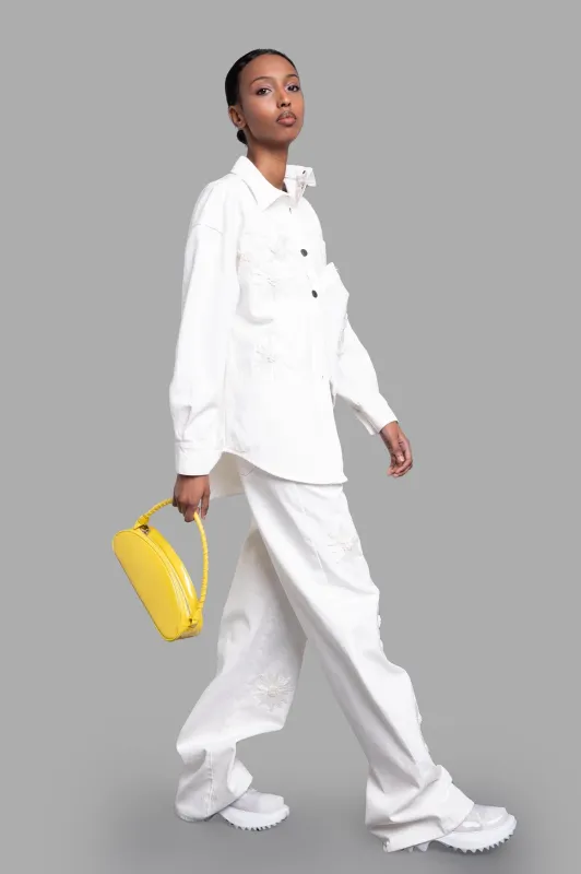 Denim Shirt with Raffia Flowers sold by Plus Zero Concept Store