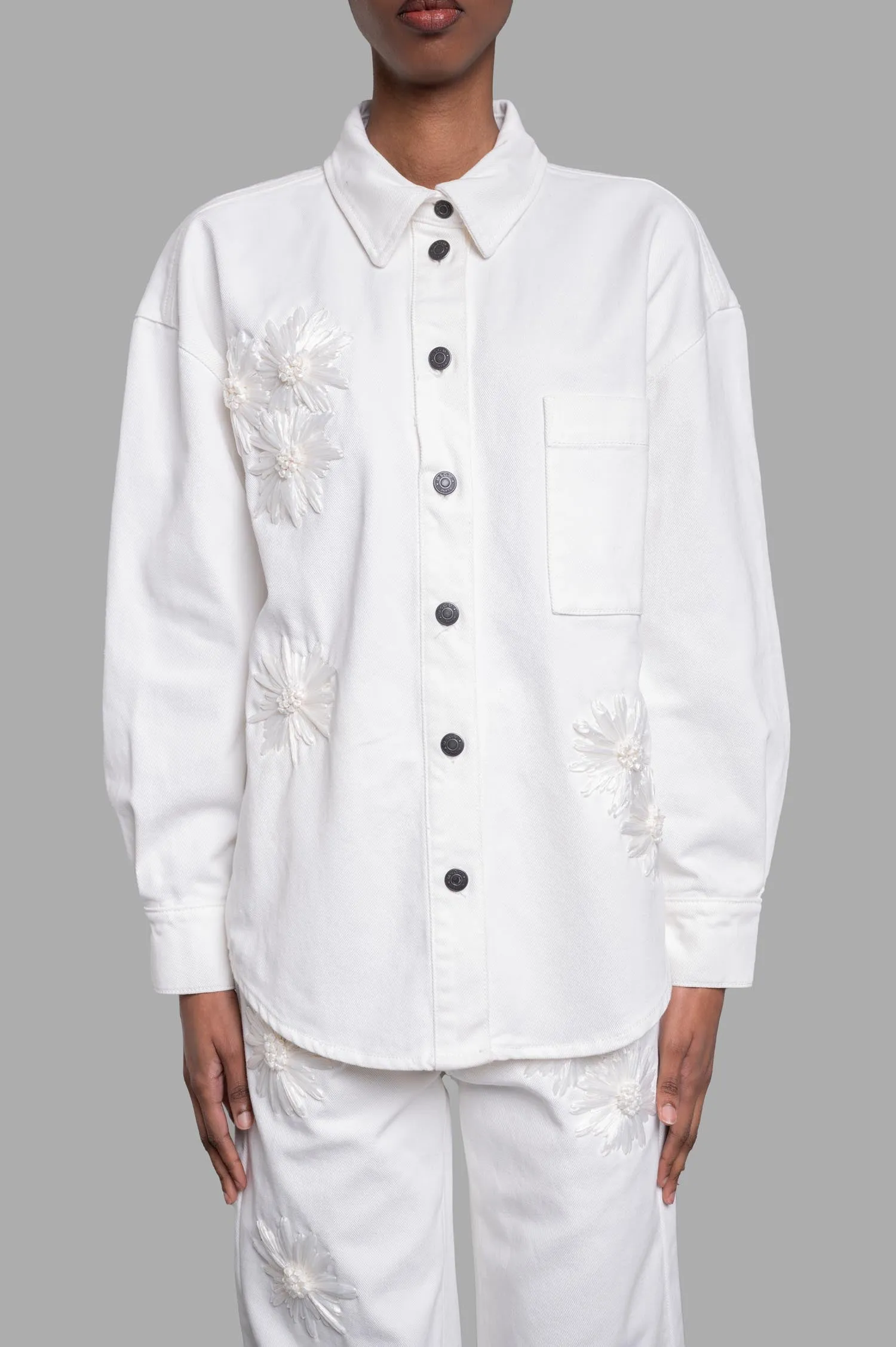 Denim Shirt with Raffia Flowers sold by Plus Zero Concept Store product image thumbnail 2