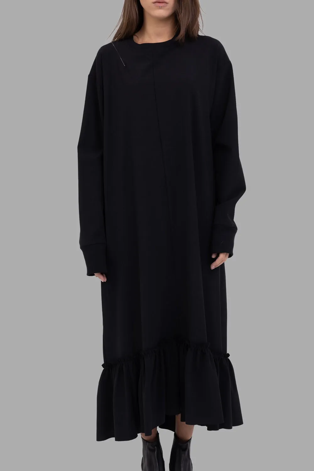Oversized Ruffle-Hem Jersey Dress in Black sold by Plus Zero Concept Store