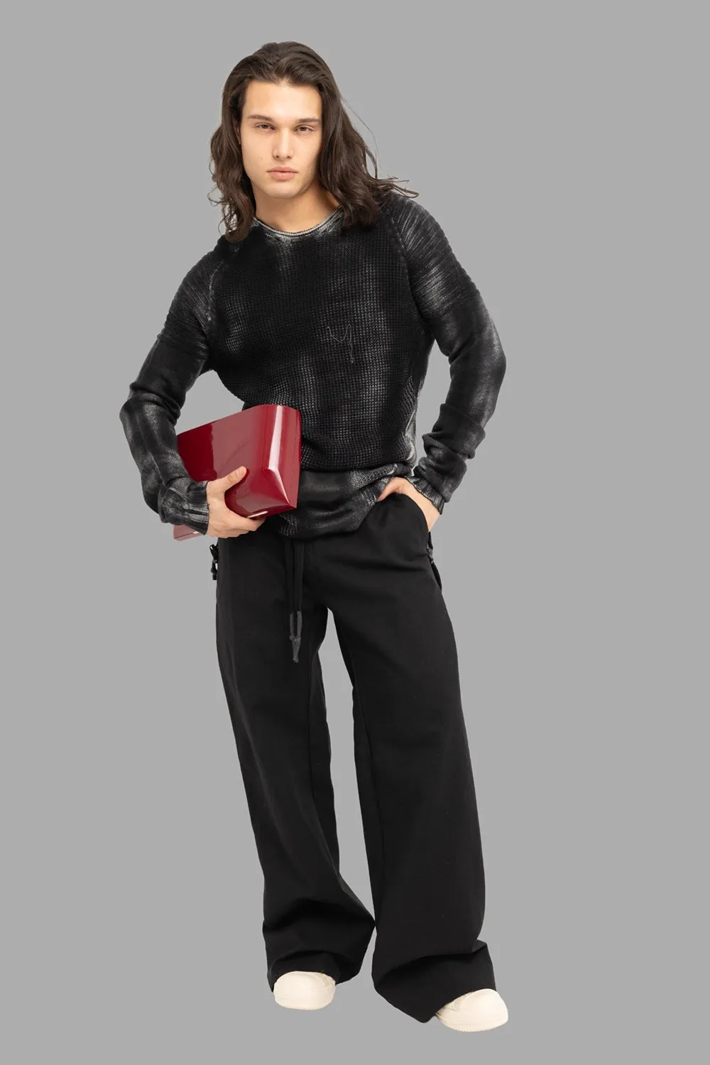 Leather-Effect Waffle-Knit Crewneck in Black sold by Plus Zero Concept Store product image thumbnail 2