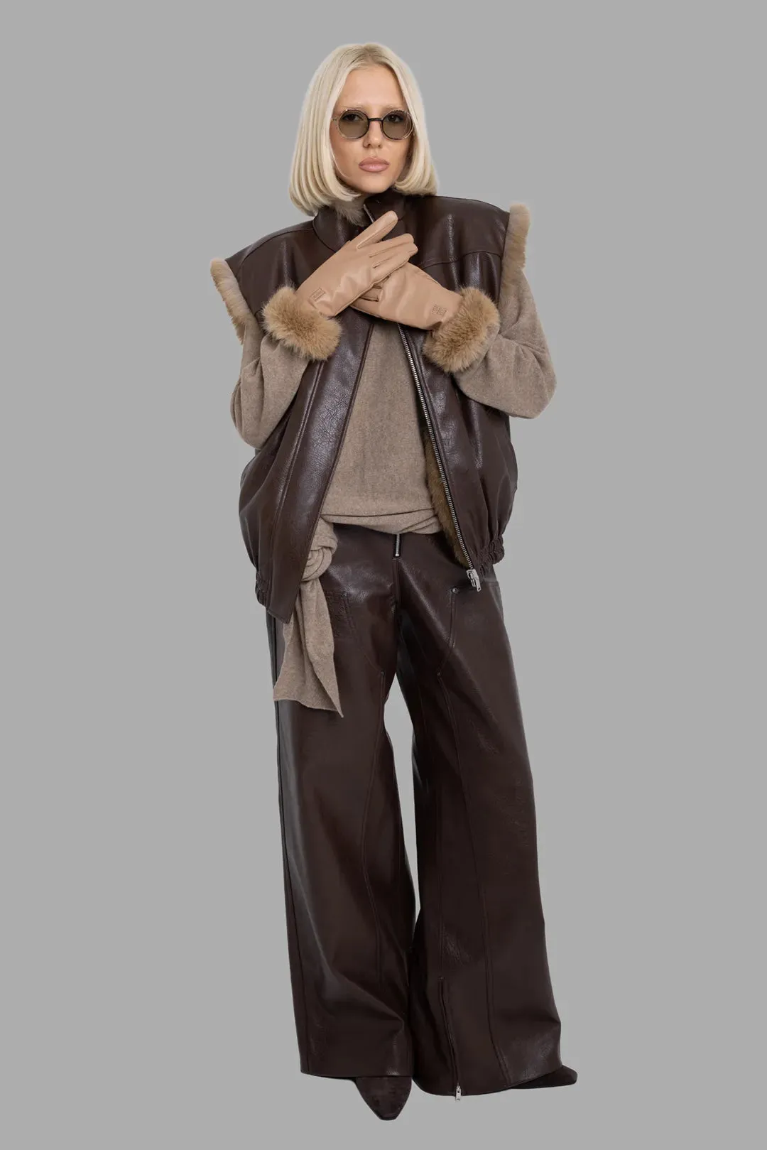 Brown Reversible Faux Leather Fur-Trim Vest sold by Plus Zero Concept Store product image thumbnail 2