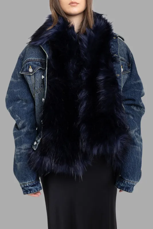 Treated Faux Fur Cinched Denim Jacket in Light Wash Blue and Black sold by Plus Zero Concept Store