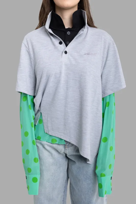 Polka Dot Layered Polo Shirt in Grey and Green sold by Plus Zero Concept Store