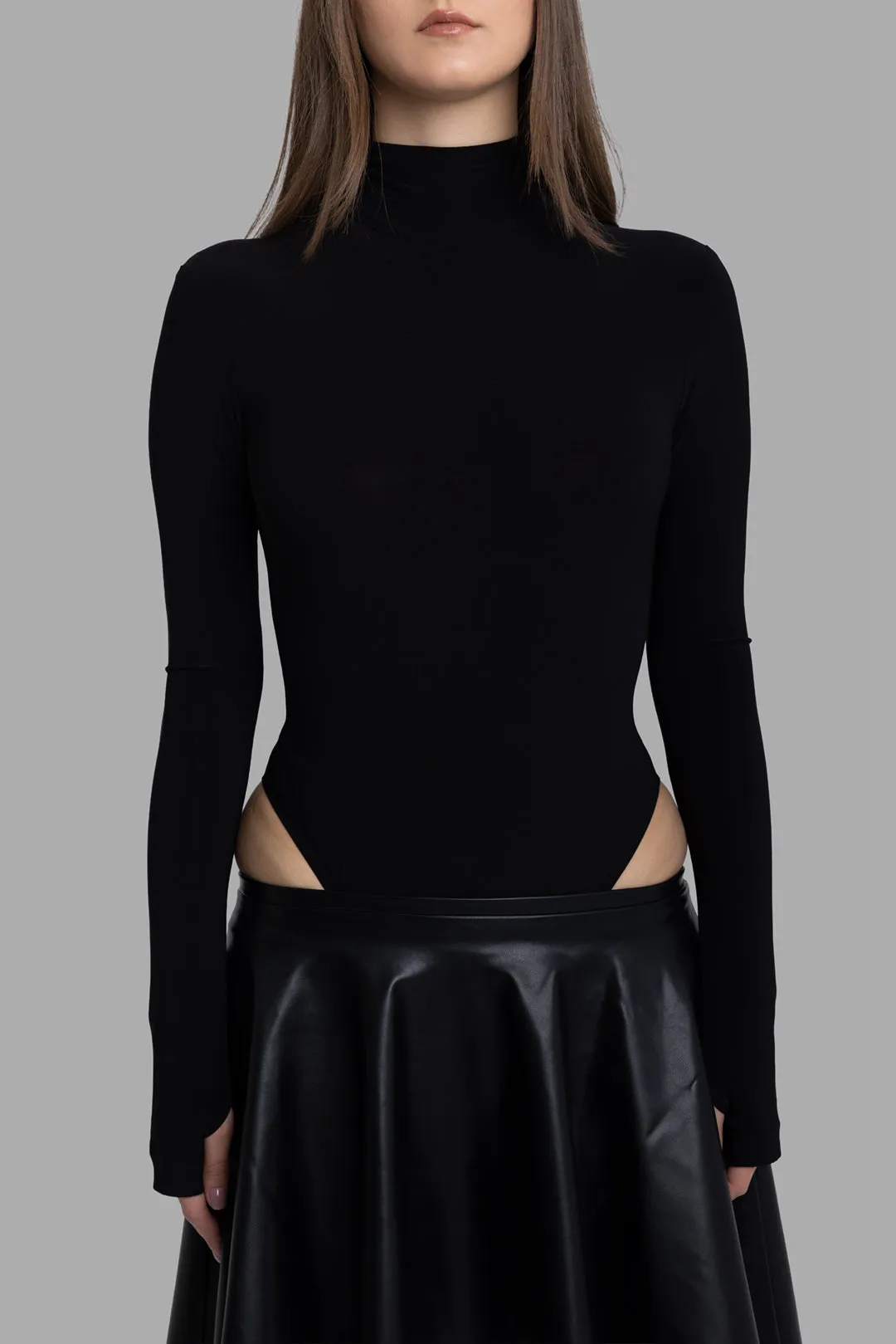 Black Long Sleeve Turtle Open Back Bodysuit sold by Plus Zero Concept Store
