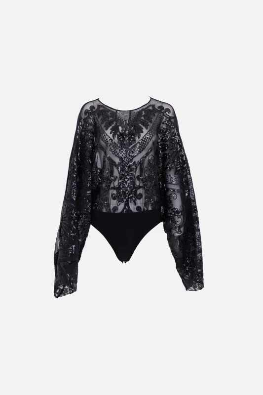 Sequin Mesh Bodysuit with Long Sleeves made by Norma Kamali