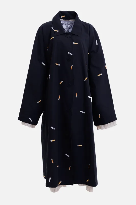 Black Cigarette-Print Long Raincoat made by Natasha Zinko