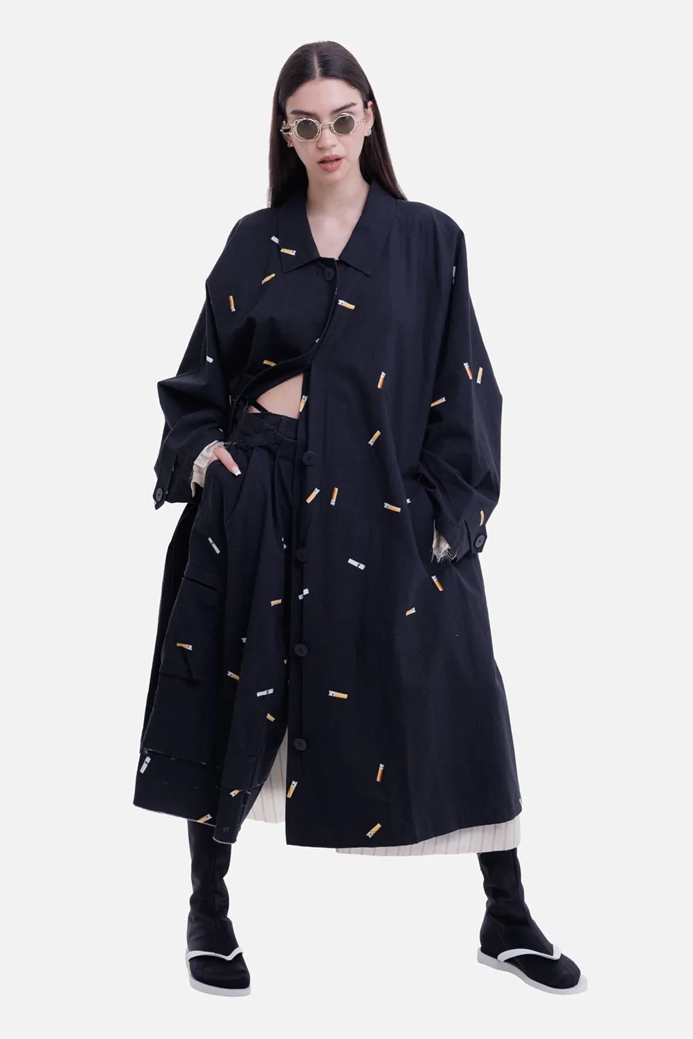 Black Cigarette-Print Long Raincoat sold by Plus Zero Concept Store product image thumbnail 2