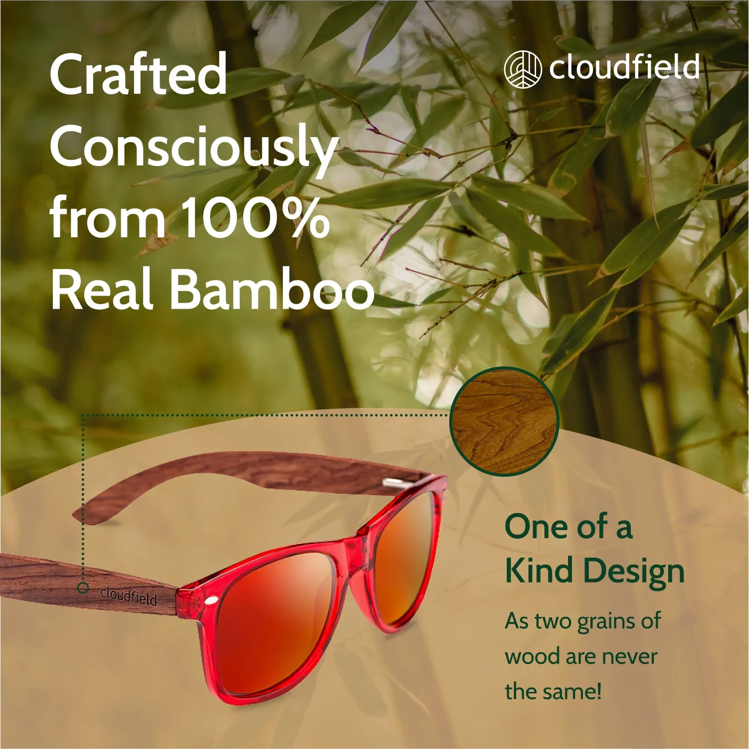 Cloudfield Unisex Polarized Wood Sunglasses - Red sold by Cloudfield product image thumbnail 3