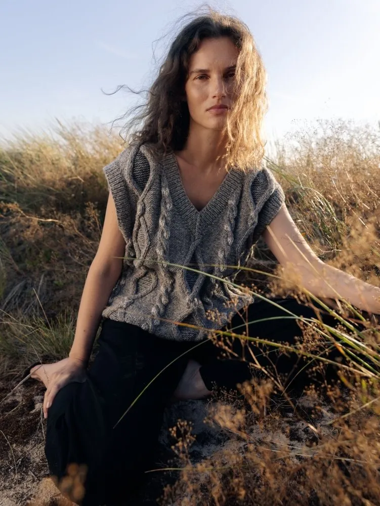 Laimė: Embroidered Cloud Grey Alpaca Wool & Cotton Vest sold by The Knotty Ones