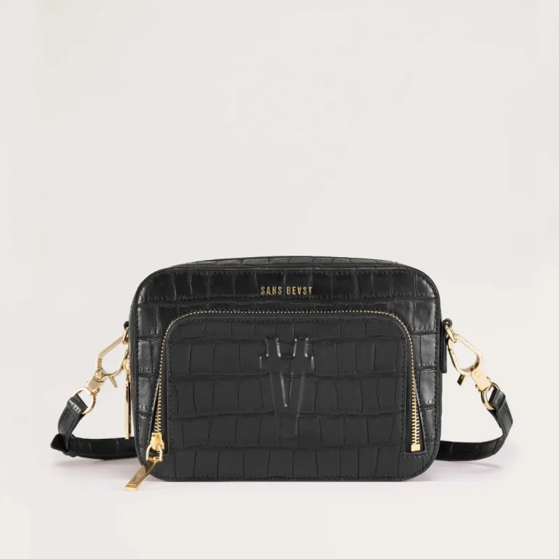 Sojourn Crossbody - Noir Croc Emboss sold by Sans Beast