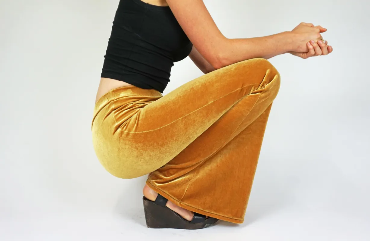 Dark Golden Mustard Plain Velvet Flares sold by Flare Street