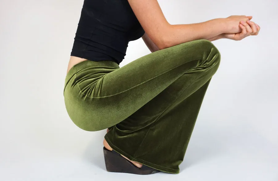Deep Olive Green Plain Velvet Flares sold by Flare Street