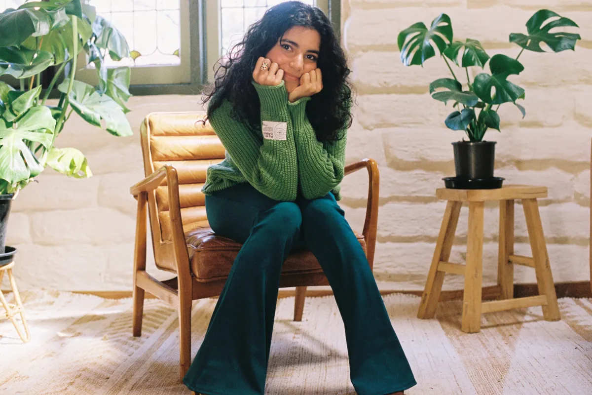 Ribbed Flares in Teal Green - Recycled Fabric sold by Flare Street