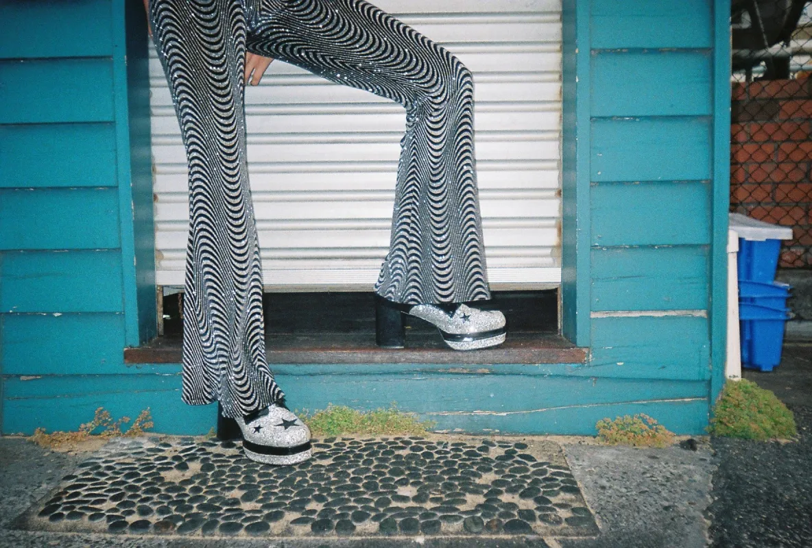 Glitter Swirl Sparkle Velvet Flares sold by Flare Street