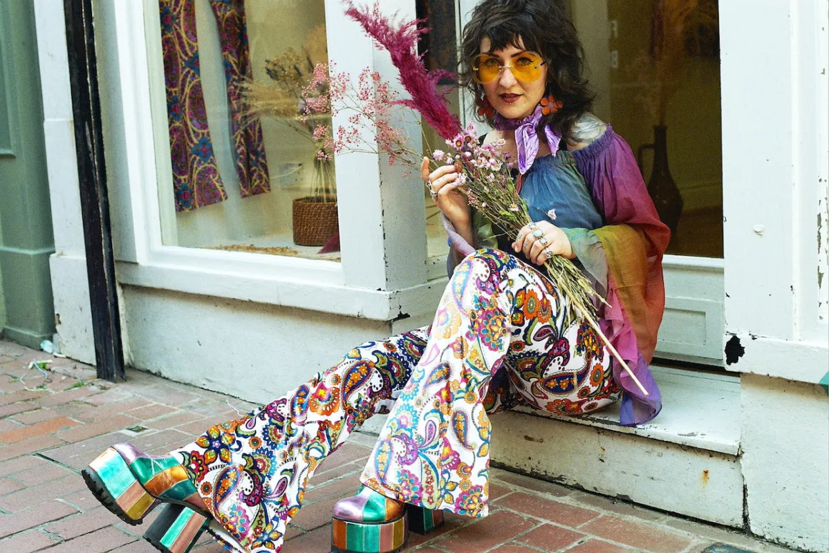 Lareyna Flares in Tan Brown Paisley sold by Flare Street