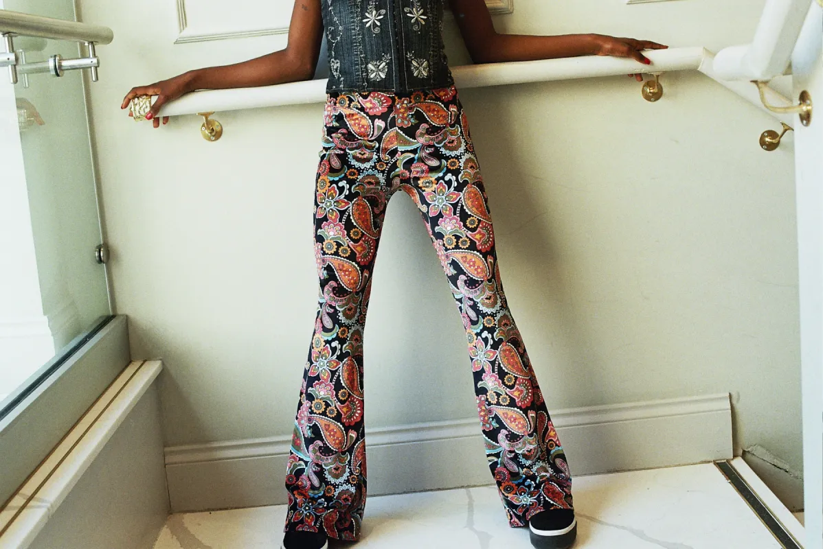 Lareyna Flares in Black Paisley sold by Flare Street