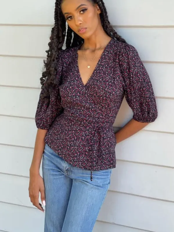 Melia Black Floral Wrap Blouse sold by All the Wild Roses
