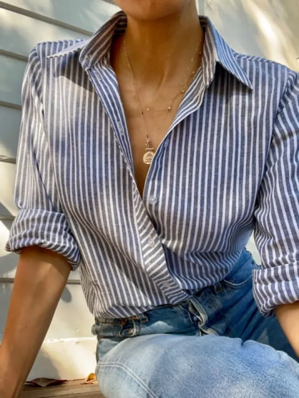 Birkin Navy Stripe Linen Shirt sold by All the Wild Roses