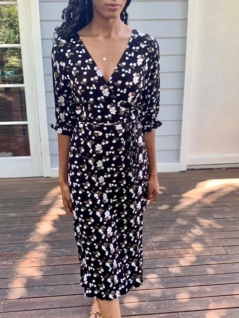Lia Black Print Midi Wrap Dress sold by All the Wild Roses product image thumbnail 3