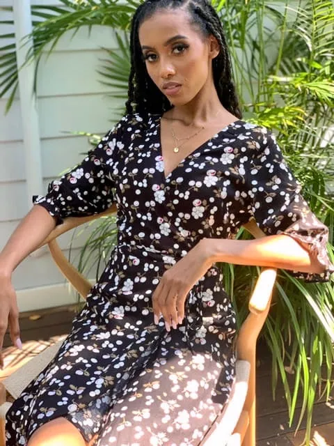 Lia Black Print Midi Wrap Dress sold by All the Wild Roses