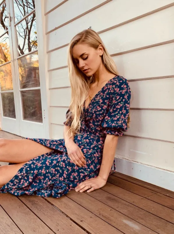 Lia Navy Blue Floral Midi Wrap Dress sold by All the Wild Roses