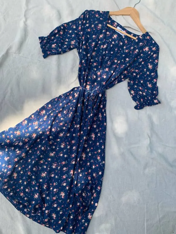 Lia Navy Blue Floral Midi Wrap Dress sold by All the Wild Roses product image thumbnail 2