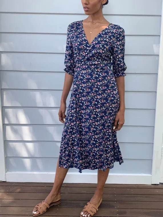 Lia Navy Blue Floral Midi Wrap Dress sold by All the Wild Roses product image thumbnail 3