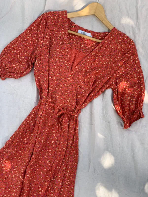 Lia Red Clay Vintage Floral Wrap Dress sold by All the Wild Roses