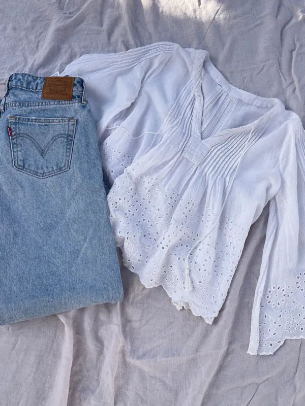 Vintage White Cotton Embroidered Long Sleeved Top sold by All the Wild Roses