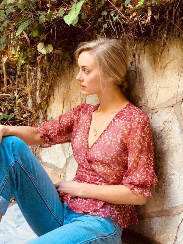 Lia Red Silk Wrap Blouse sold by All the Wild Roses