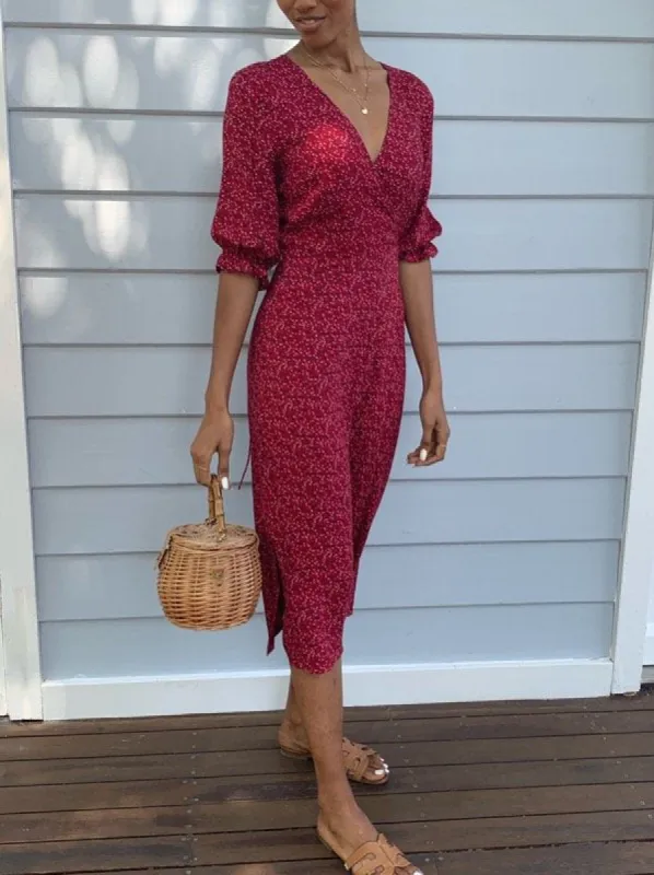 Lia Red Vintage Floral Wrap Dress sold by All the Wild Roses