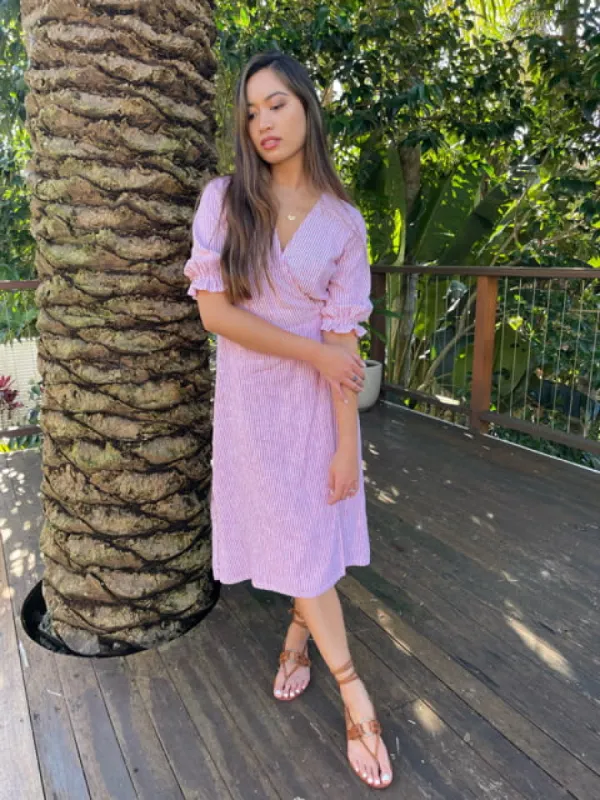 Lia Red Stripe Linen Wrap Dress sold by All the Wild Roses