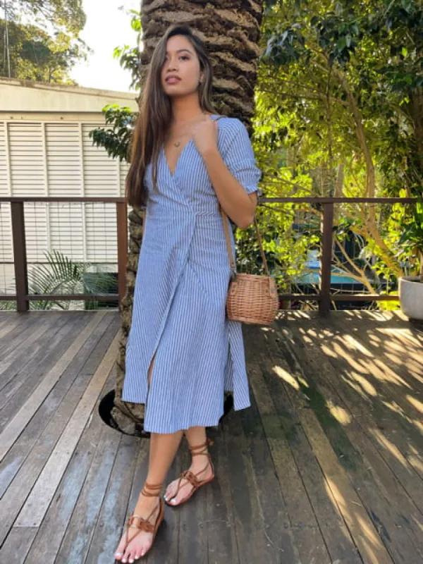 Lia Indigo Stripe Linen Wrap Dress sold by All the Wild Roses