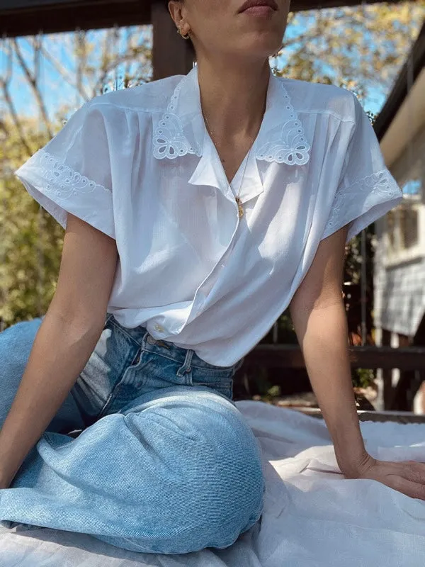 Vintage White Cotton Short-Sleeved Blouse sold by All the Wild Roses