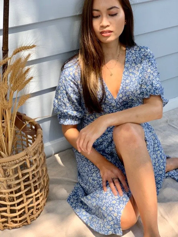 Lia Blue Floral Cotton Wrap Dress sold by All the Wild Roses